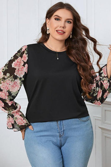 Woochic Haut grande taille col en rond imprimé manches lanternes à volants noir 1XL
